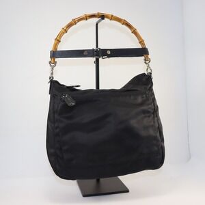 Gucci Bamboo Handle Bag Womens Medium Black Nylon Vintage Designer Purse